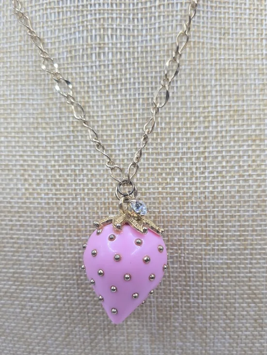 Pink Strawberry Pendant Necklace - Gold Chain - Picture 3 of 10